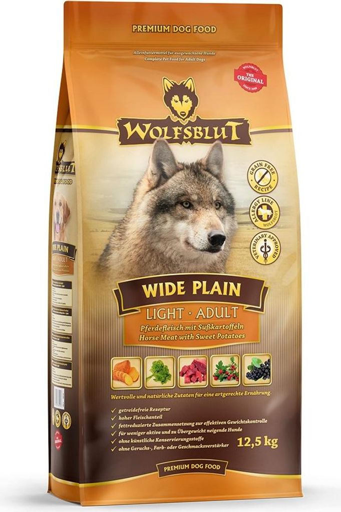 A bag of Wolfsblut Wide Plain Light dog food.