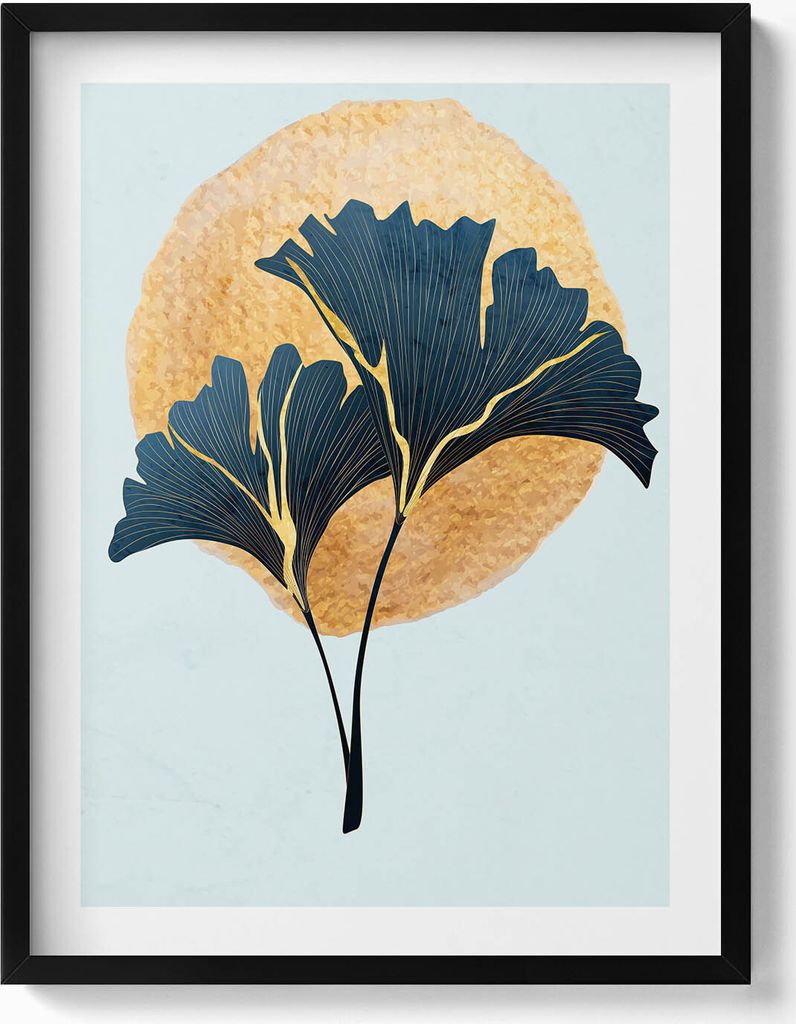 Illustration von Ginkgoblättern mit goldener Sonne– Wandbild mit Rahmen – Gerahmtes Bild – Wanddekoration – 60x80 cm – Schwarz Rahmen