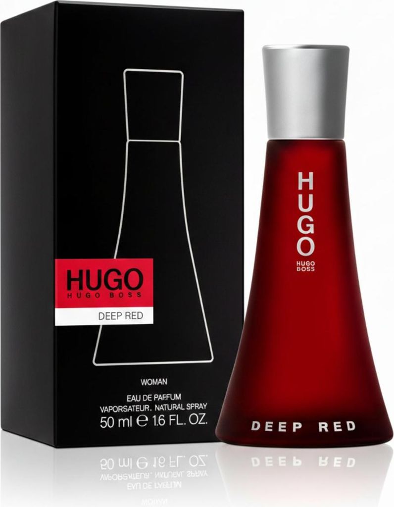 A product shot of a Hugo Boss Deep Red perfume bottle and its packaging.