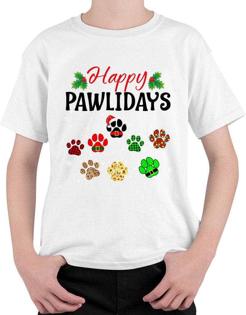Happy Pawlidays Hunde Katzen Weihnachten Pfoten Geschenk Lustig Uni Kinder T-Shirt, Weiß, 140
