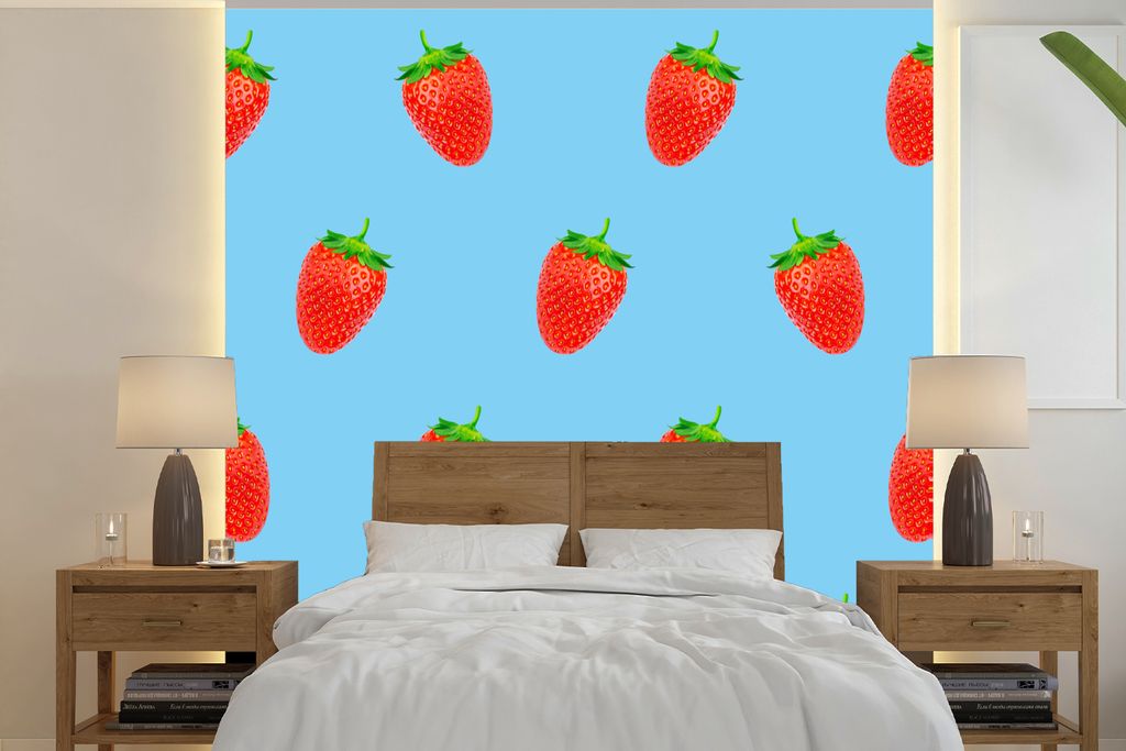 MuchoWow Fototapete für Wohnzimmer oder Schlafzimmer Wandtapete Vinyl Motivtapete Erdbeere - Muster - Sommer - 260x260 cm - Papiertapeten