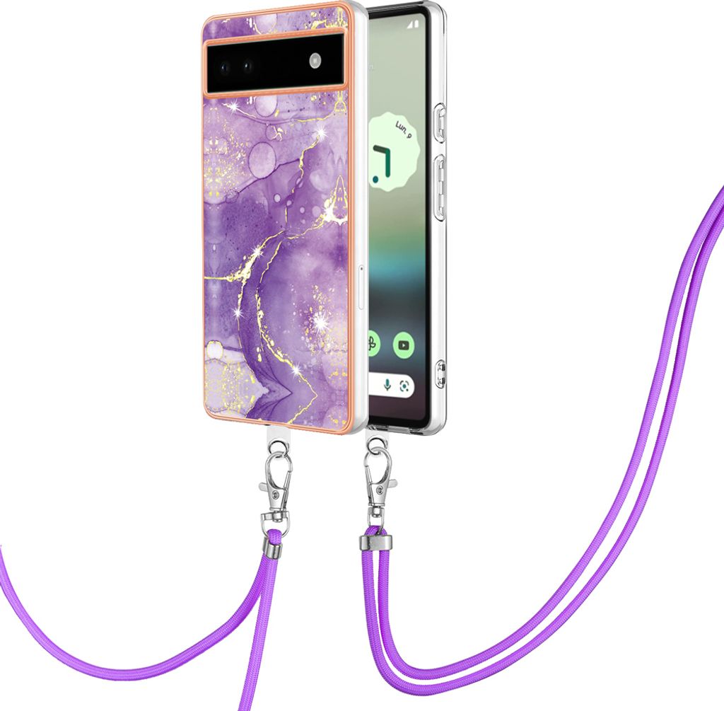 Handykette Hülle für Google Pixel 6A Muster TPU Schutzhülle mit verstellbarem Tragegurt Violett