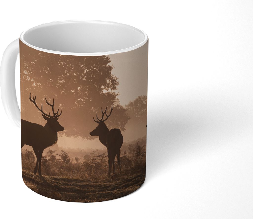 MuchoWow Tasse Kaffeetasse Kaffeebecher 350 ml Hirsche - Nebel - Wald Teetasse - Fototasse - Becher - Keramikbecher - Teebecher - Kaffeetasse - B...