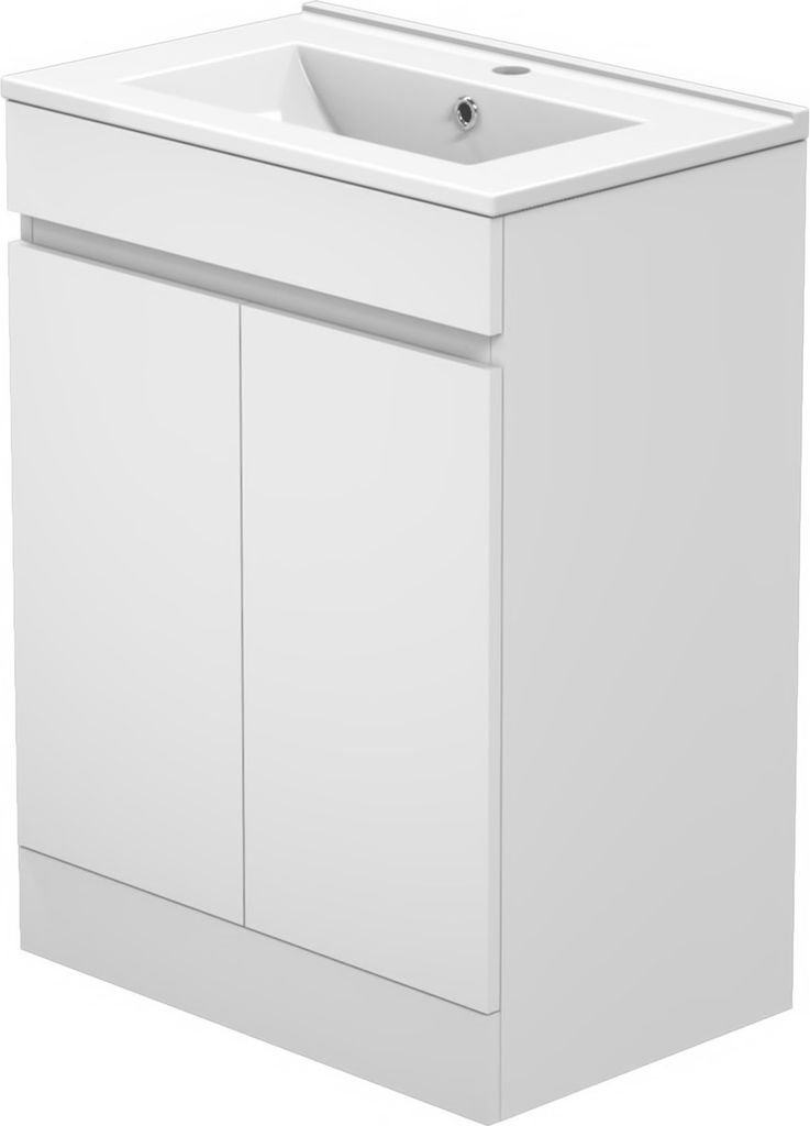 A white bathroom vanity with a sink on top, shown from a three-quarter angle.