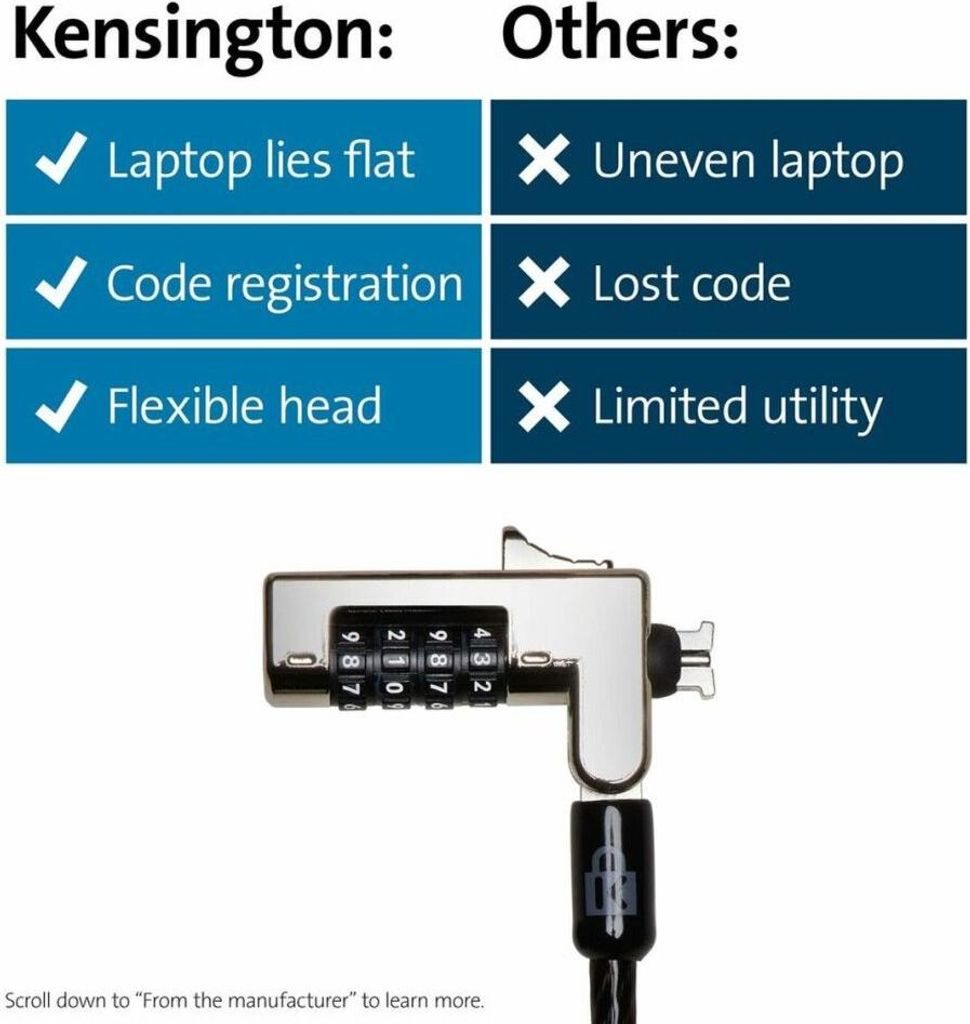Kensington Slim Combination Laptop Lock K60600WW – Kabelschloss mit Zahlenschloss & Schlüssel für Laptops, Schwarz