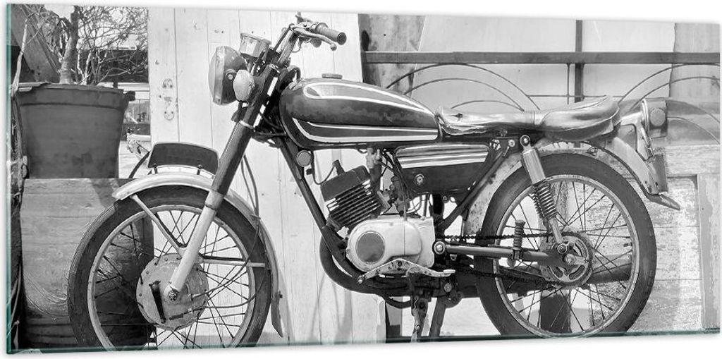 Bilder auf glas - Einteilig - Alt Motorrad Schwarz und Weiß - 120x50cm - Glasbilder - Wandbilder - Bilder - Wanddekoration aus Glas - Glas Bilder ...