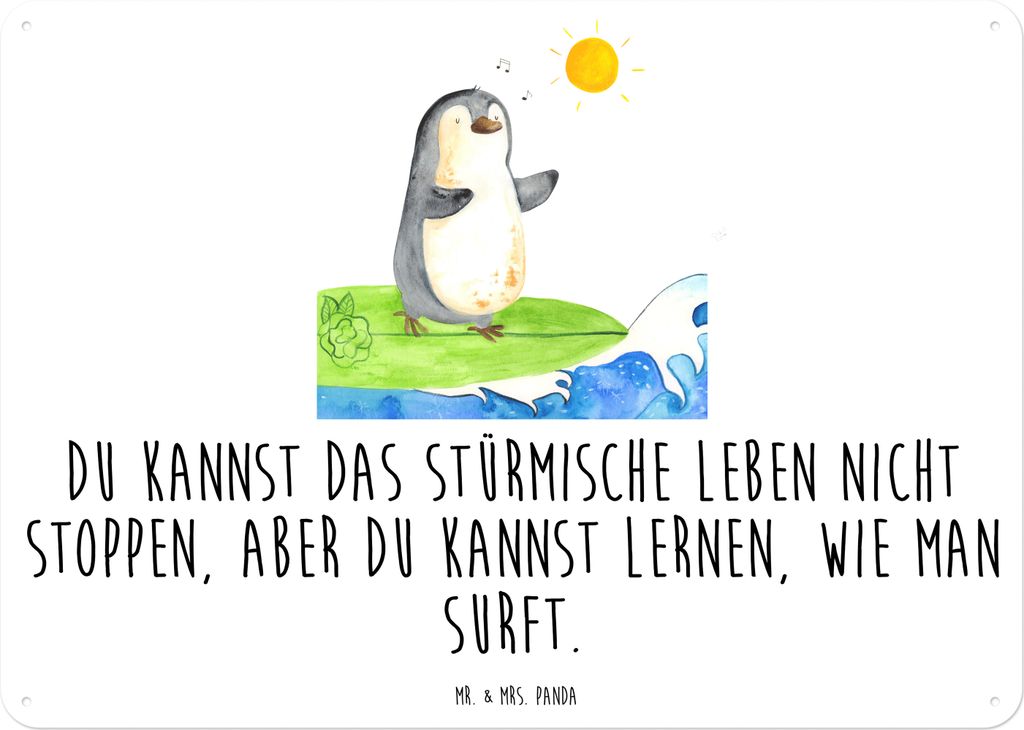 Mr. & Mrs. Panda Wandbild Pinguin Surfer DIN A3 - Weiß - Geschenk, Türschild, Urlaub, Motiviert, Optimistisch, Schild, Blechschild, Hawaii, Metal...