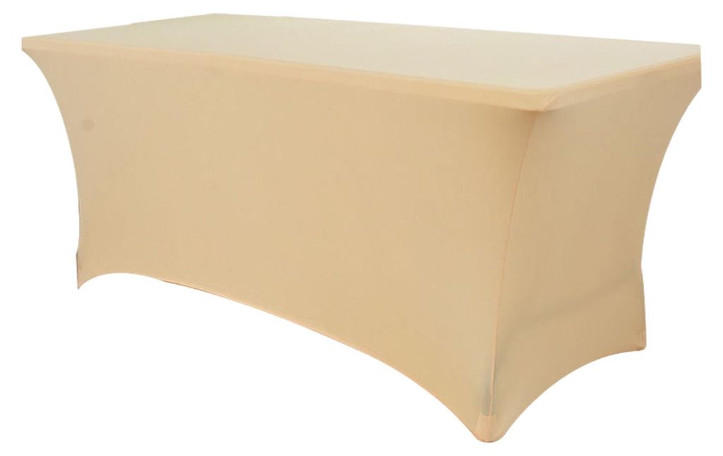 A beige rectangular tablecloth stretched over a table.