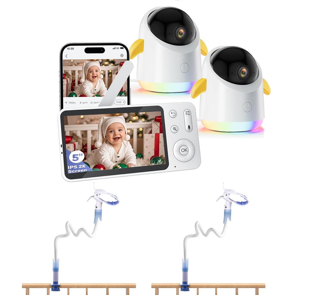 Babyphone mit 2 Kamera und APP 2K 360° 5" WLAN Video Babyfone RGB-Nachtsicht Weinen/Bewegungs/Geräusch-Erkennung 4-facher Zoom mit 2*Halterung