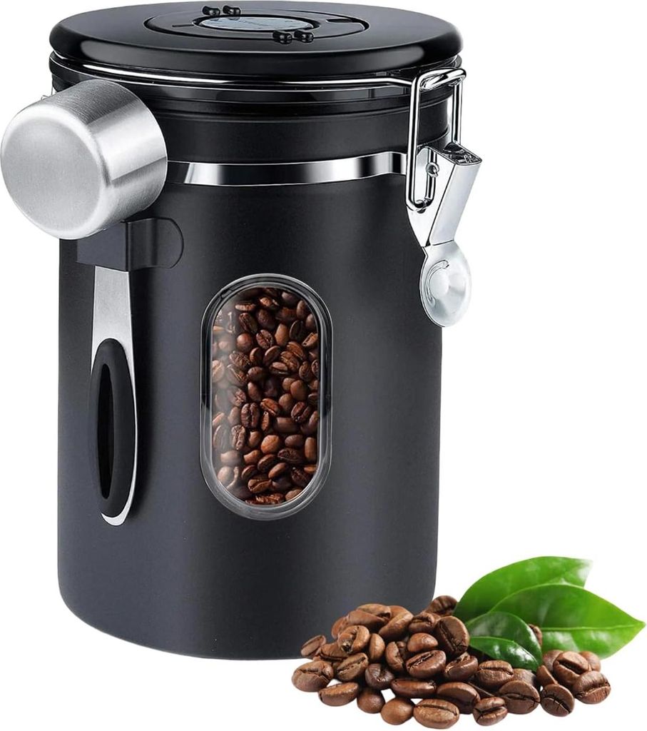 Kaffeebehälter - Kaffeebohnenspeicher - Edelstahl - 2,8l Kaffeekontainer - Luftdichter Kaffeebehälter - Transparentes Fenster - Datumsanzeige und...