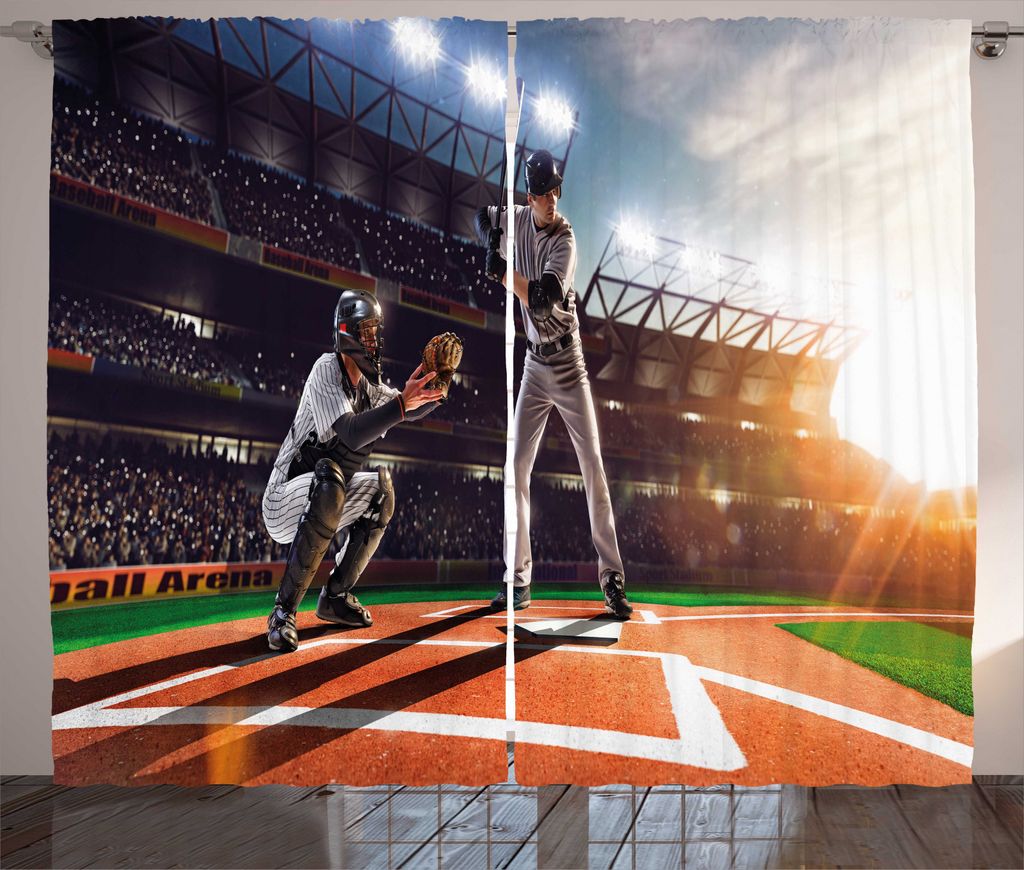 ABAKUHAUS Teen Zimmer Rustikaler Vorhang, Baseball-Spieler-Spiel, Wohnzimmer Universalband Gardinen mit Schlaufen und Haken, 280 x 245 cm, Mehrfarbig