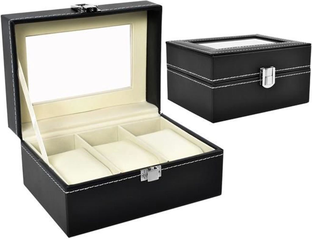A black watch organizer box with a clear lid is shown open, revealing three compartments. Another closed box is visible in the background.