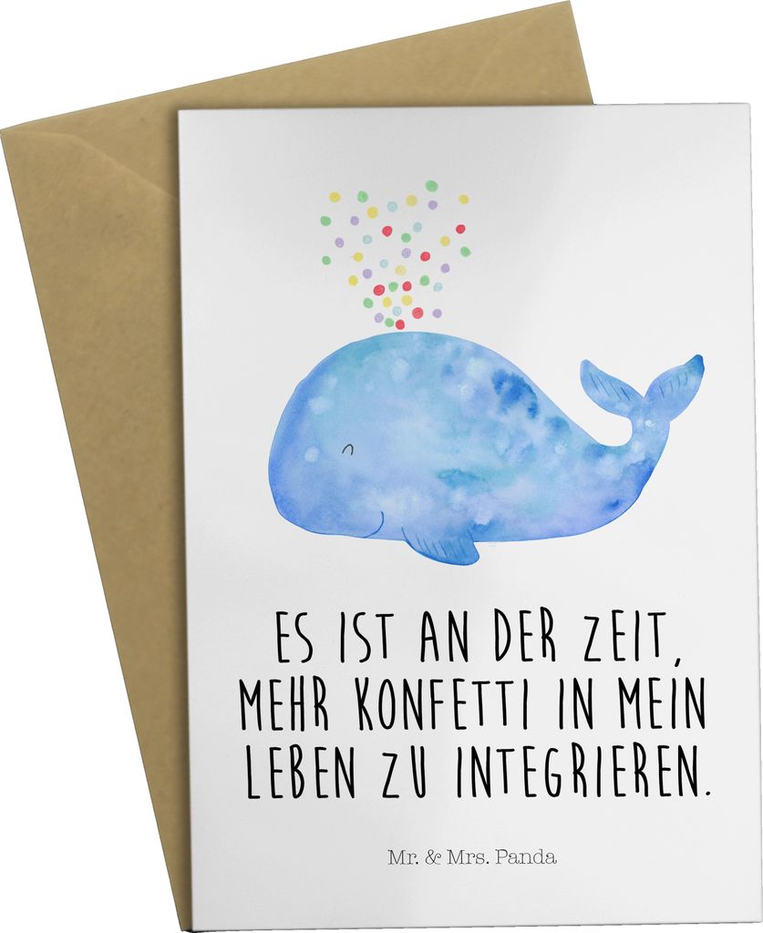 Mr. & Mrs. Panda Klappkarte Wal Konfetti - Weiß - Geschenk, Abnehmen, Grußkarten, Geburtstag, Grußkarte, Wale, Motivation, Meer, einladungskarte...