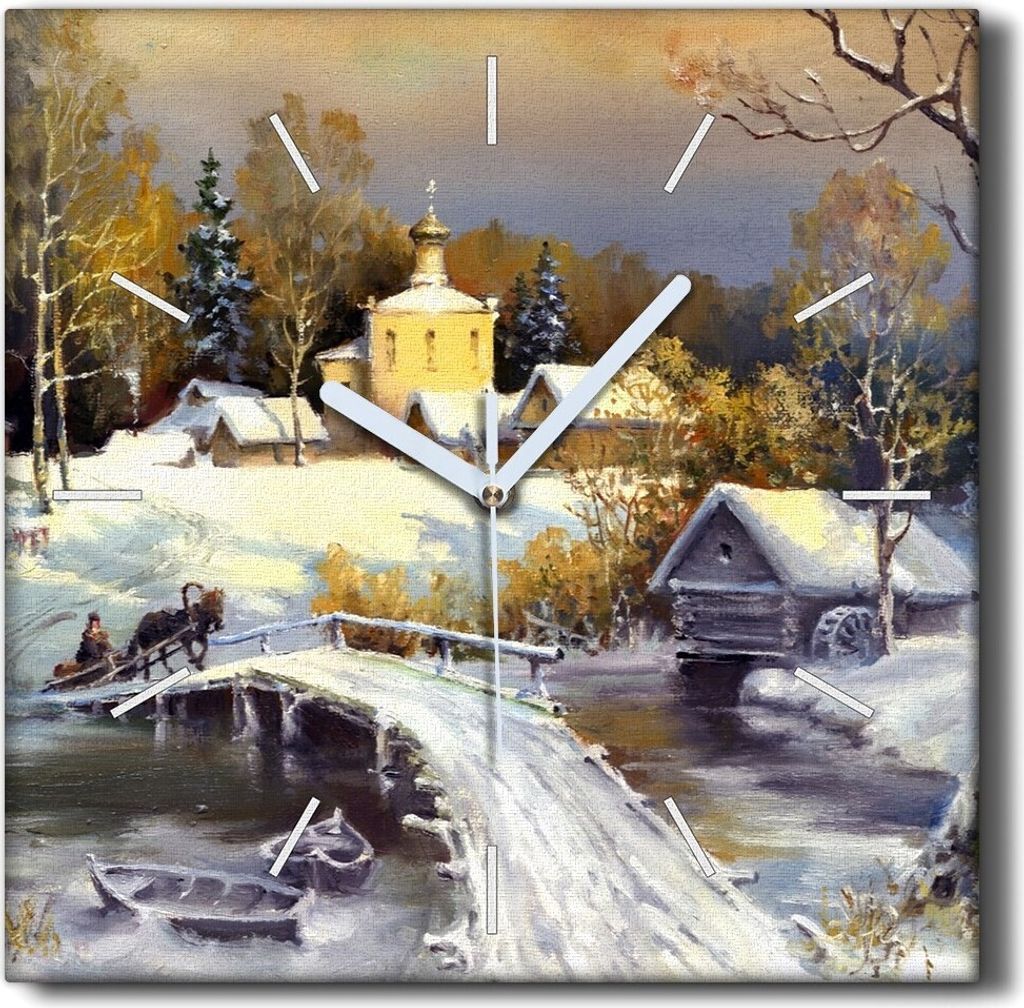 Coloray Hodiny Unikátní 30x30 cm Tiché hodiny Pro obývací pokoj a kuchyň Nástěnné hodiny Plátno Černé ručičky hodin - Zimní sněhov...