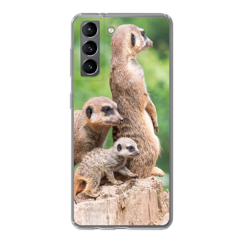 MuchoWow Handyhülle Schutzhülle Hülle für Samsung Galaxy S21 Erdmännchen - Baumstumpf - Jungtier Silikon Softcase Handy Hülle - Softcase