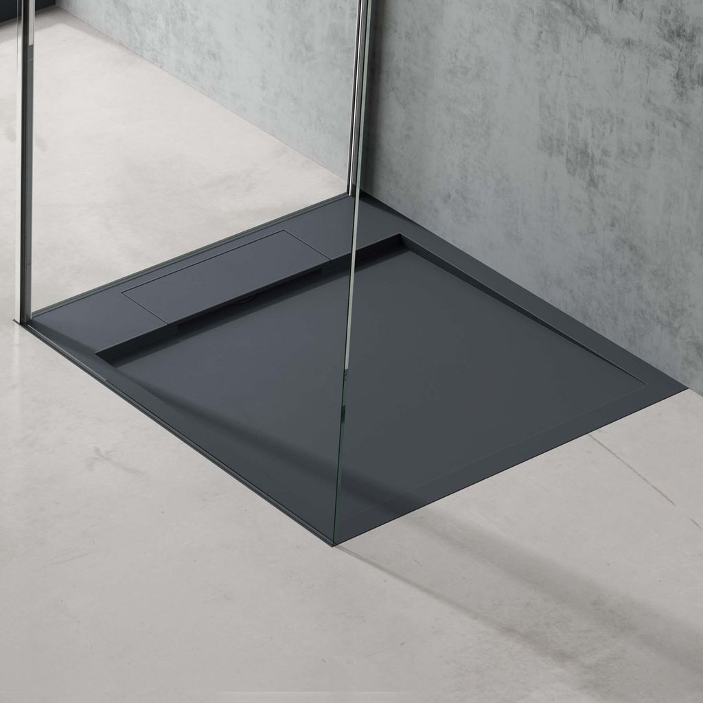 doporro Duschtasse Duschwanne 75x80x4 flach Mineralguss in Anthrazit DIN-Anschlüsse für bodenebene Montage geeignet Geoma04