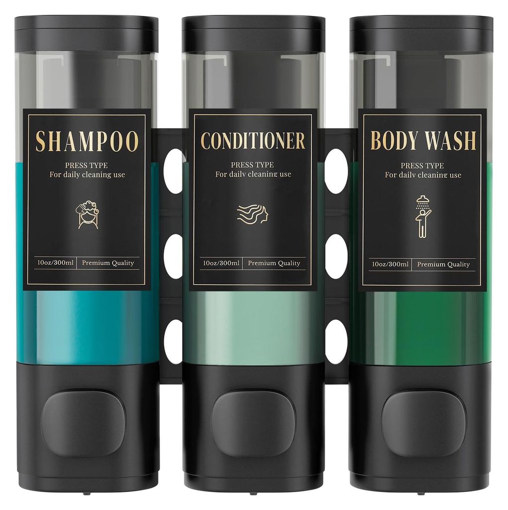Shampoo- und Conditioner-Spender, wandmontierter Duschseifenspender zur bohrfreien Montage mit 3 Fächern und wasserfesten Etiketten, einfacher Sei...