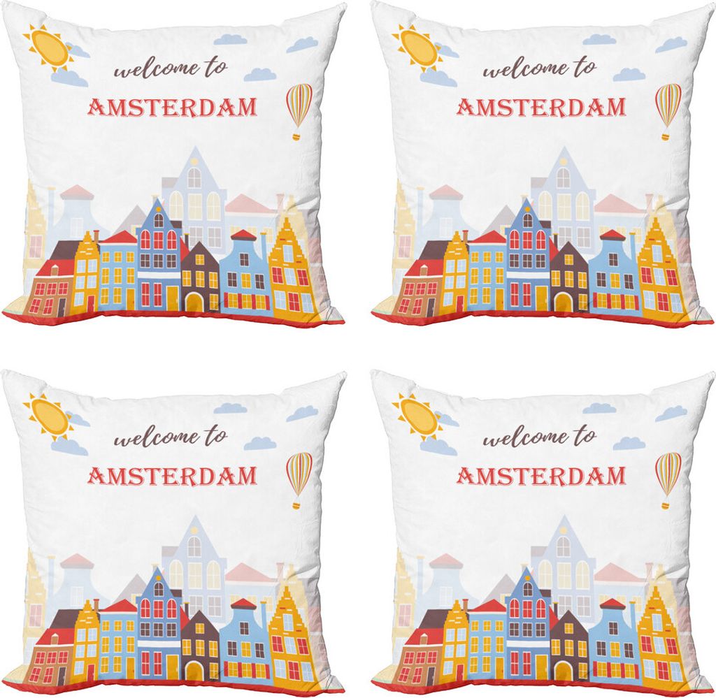 ABAKUHAUS Amsterdam Kissenbezug Set (4 Stück), Begrüßung Sunny Stadt, Moderner Doppelseitiger Digitaldruck, 40 cm x 40 cm, Erde Gelb Multicolor