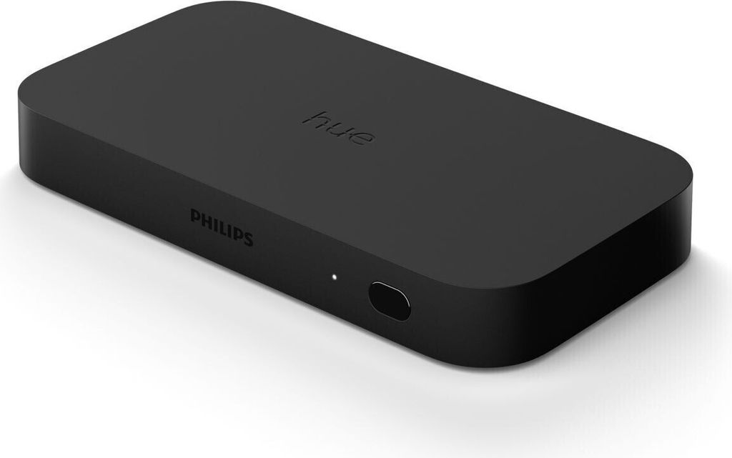 A black Philips Hue Play HDMI Sync Box is shown on a white background.