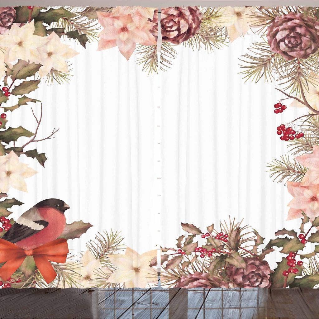 ARANDE Neujahr Gardine, Eurasisches Bullfinch-Motiv mit Cedar Branch Holly Berries Vintage, 280 x 260 cm, Getrocknete Rose Blasse Pfirsich