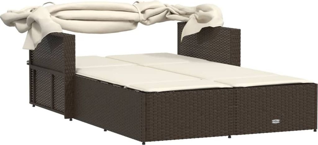 A brown poly rattan double sun lounger with a beige canopy and cushions, shown against a white background.