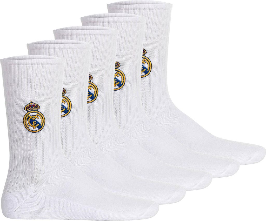 Real Madrid Uni Socken, 5er Pack - Tennis Embroidery Socks, Emblem-Logo gestickt, Baumwollmischung, einfarbig Weiß 43-46