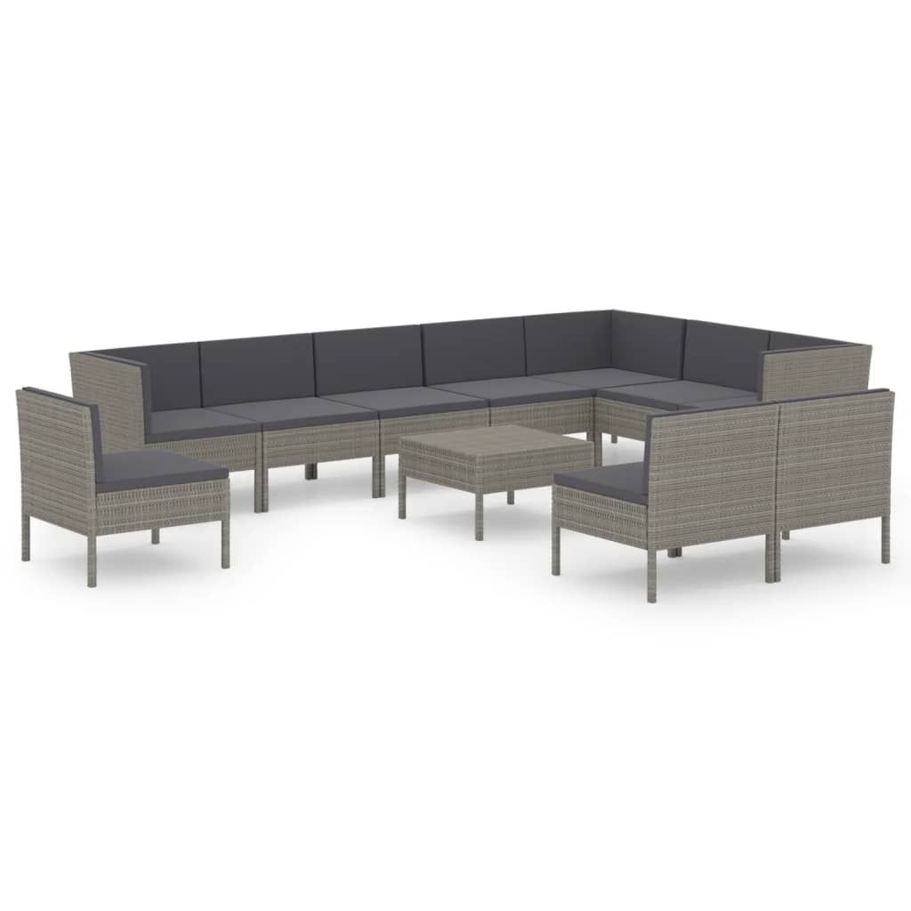 vidaXL 11-tlg. Garten-Lounge-Set mit Auflagen Poly Rattan Grau