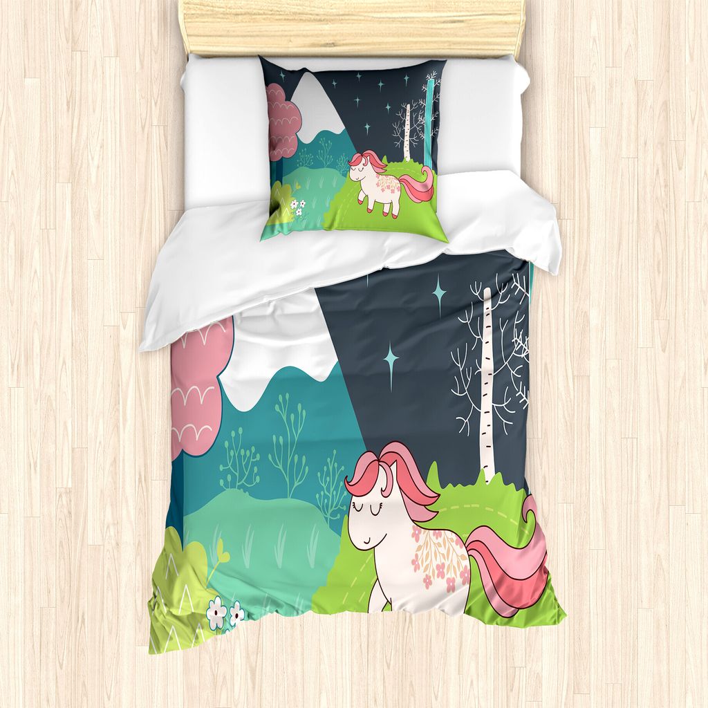 ABAKUHAUS Karikatur Bettbezug Set für Einzelbetten, Childish Pferd Holz-Gekritzel, Milbensicher Allergiker geeignet mit Kissenbezug, 135 cm x 200 ...