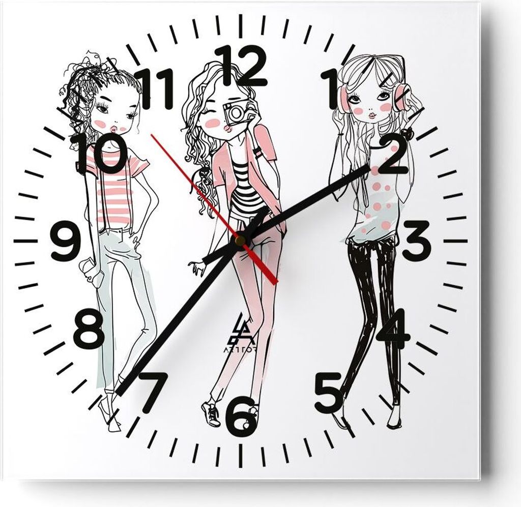 Wanduhr - Quadrat - Glasuhr - Mädchen Mode Trends Treffen - 40x40cm - Schleichendes Uhrwerk - Lautlos - zum Aufhängen bereit - Dekoration Modern ...