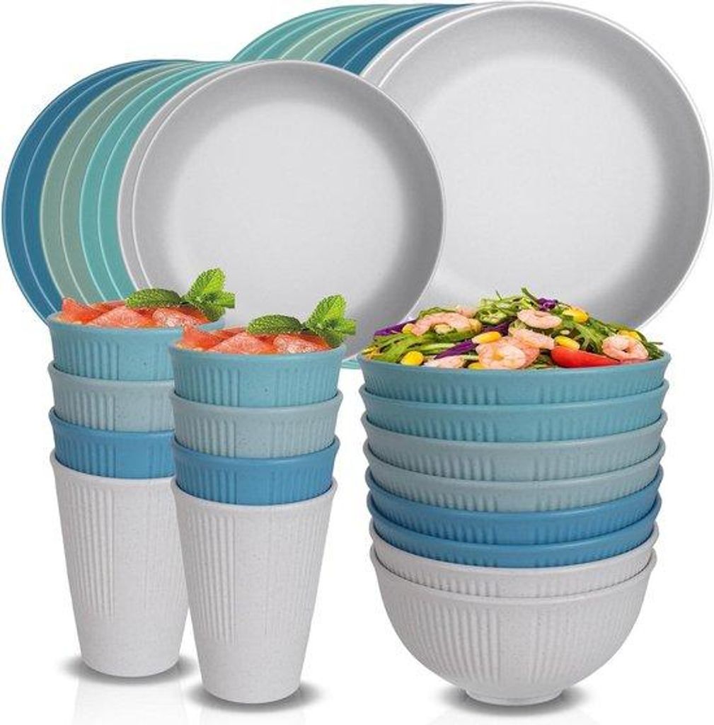 Leichtes Camping-Servies für 8 Personen, blau/weiß, unzerbrechlich
