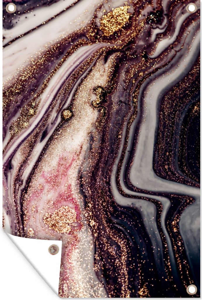 MuchoWow 80x120 cm Outdoor-Poster Gartendeko Sichtschutz Garten Poster für den Garten Marmor - Rosa - Gold - Glitzer - Marmoroptik