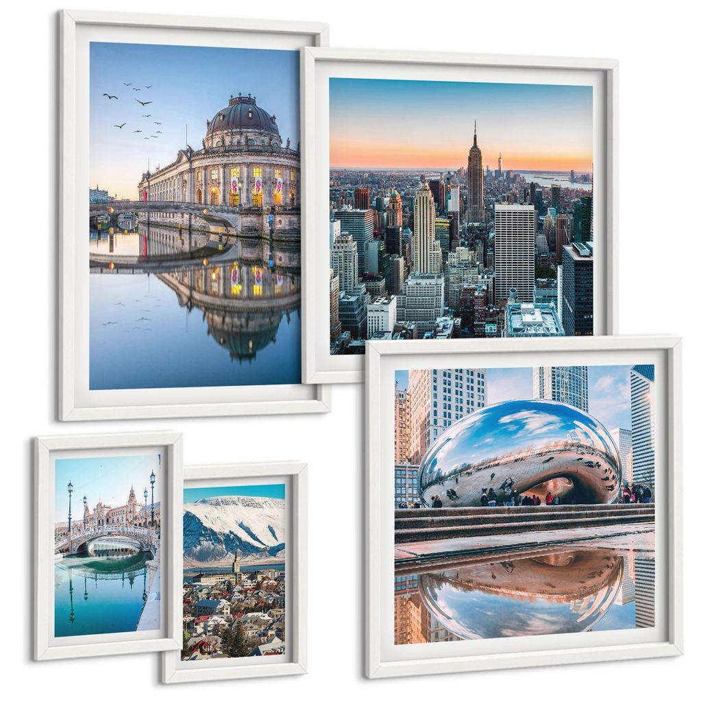 Bilder Set 5-teilig im Goldrahmen Rahmen – Wandbilder 5 Stück – gerahmte Poster für Wohnzimmer, Schlafzimmer und Flur – 50x50 cm - 40x60 cm...