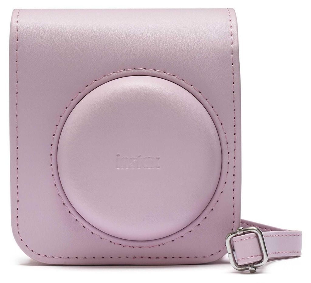 A light purple camera case with a circular cutout for the lens and a strap attached.