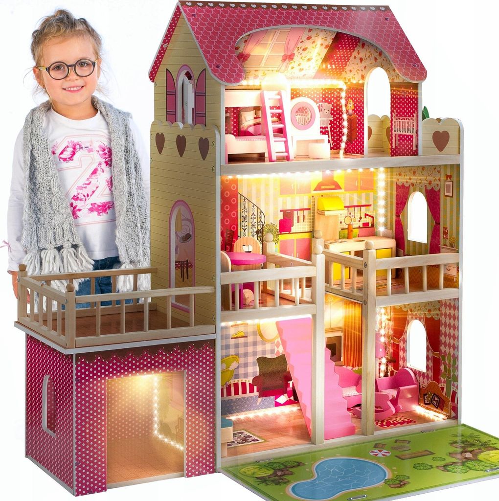 Großes Holz Puppenhaus mit LED-Beleuchtung – 3 Etagen, 17 Produktbild 