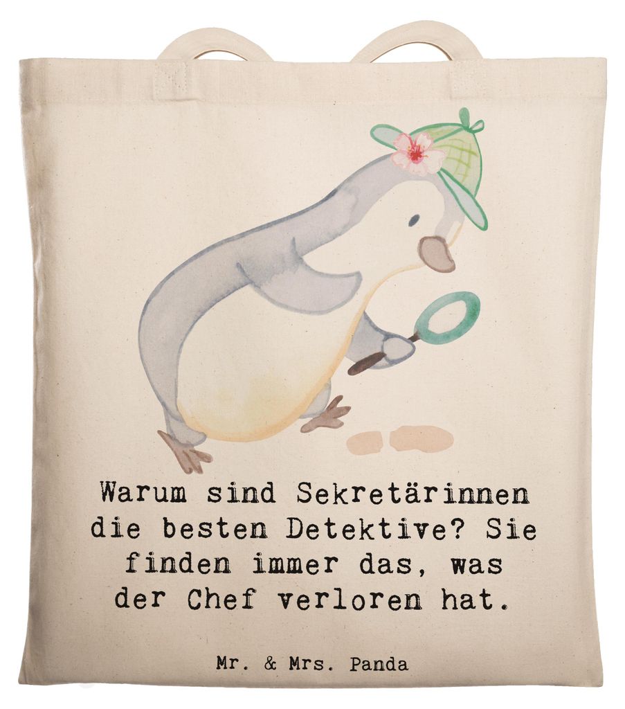Mr. & Mrs. Panda Tote Bag Sekretärin Detektiv - Transparent - Geschenk, Schultasche, Büro, Organisationsgenie, handgefertigte Geschenke, Baumwoll...