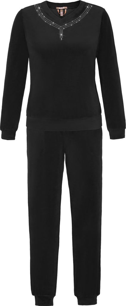 RAIKOU Damen 2-Teiliger Hausanzug Freizeitanzug Trainingsanzug Jogginganzug smartweiche Nicki mit Glitzersteinen Schwarz 40/42