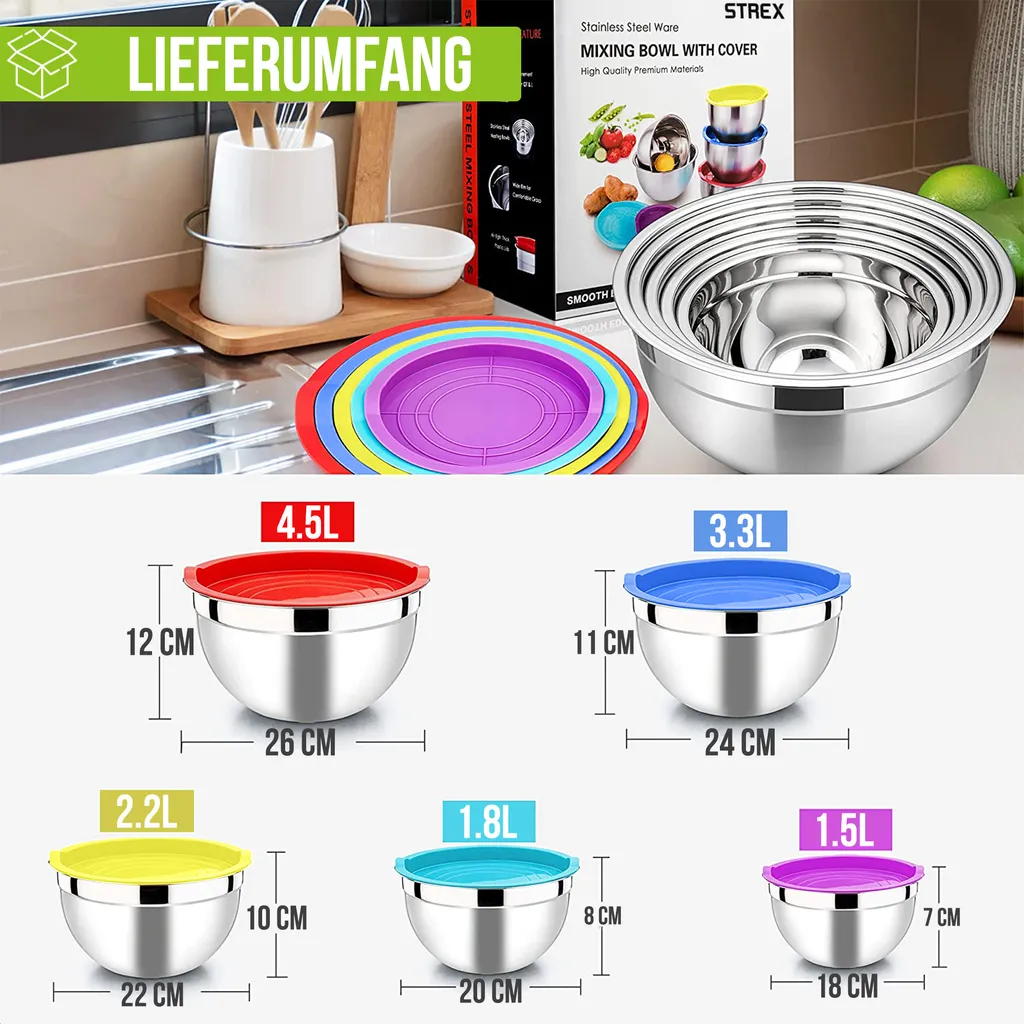 Strex Set de 5 bols à mélanger en acier inoxydable avec couvercles - 7