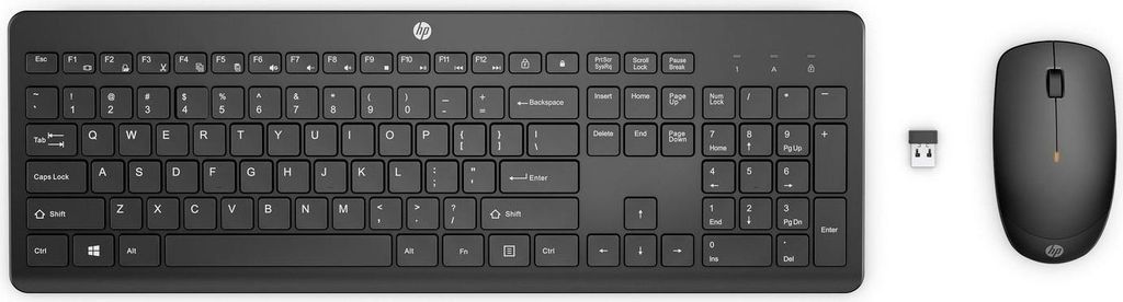 HP 235 Wireless-Maus und -Tastatur (kombiniert), Volle Größe (100%), Kabellos, RF Wireless, Membran Key Switch, Schwarz, Maus enthalten