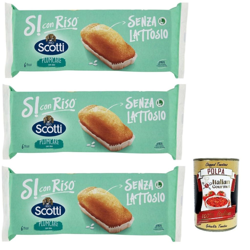 Riso Scotti, Si con Riso - Plumcake con Riso, Plumcake mit Reis, Kuchen Laktose -freie Süße Snacks, Palmöl ohne, 3x 190g + Italian Gourmet polpa...