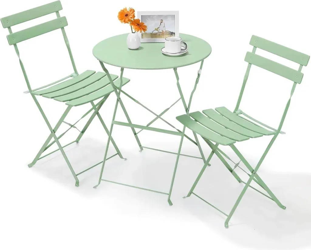 Salon de jardin pliable vert en métal avec table carrée et 2 chaises