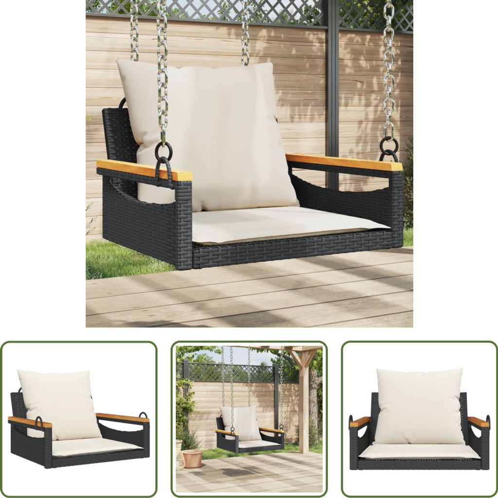 The Living Store Hängesessel mit Kissen Schwarz 63x62x40 cm Poly Rattan