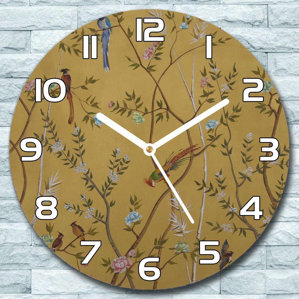Wanduhr aus Glas Rund fi 30 Vögel Gold Herbst Quarz Deko Schlafzimmer Büro