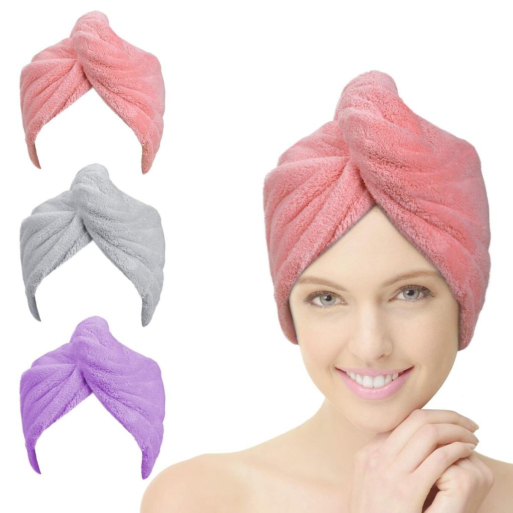 Haarturban Handtuch, 3 Stück Turban Haartrockentuch Haarturban mit Knopf, Kopftuch Handtuch für Lange Haar, Schnelltrocknend Mikrofaser Handtuch ...