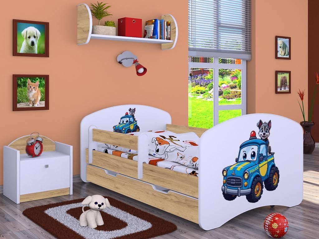 Happy Babies Kinderbett - mit Rausfallschutz Junge 140x70 Bett für Kinderzimmer mit Schublade & Matratze Einzelbett für Kinder Gold - Hundethema ...