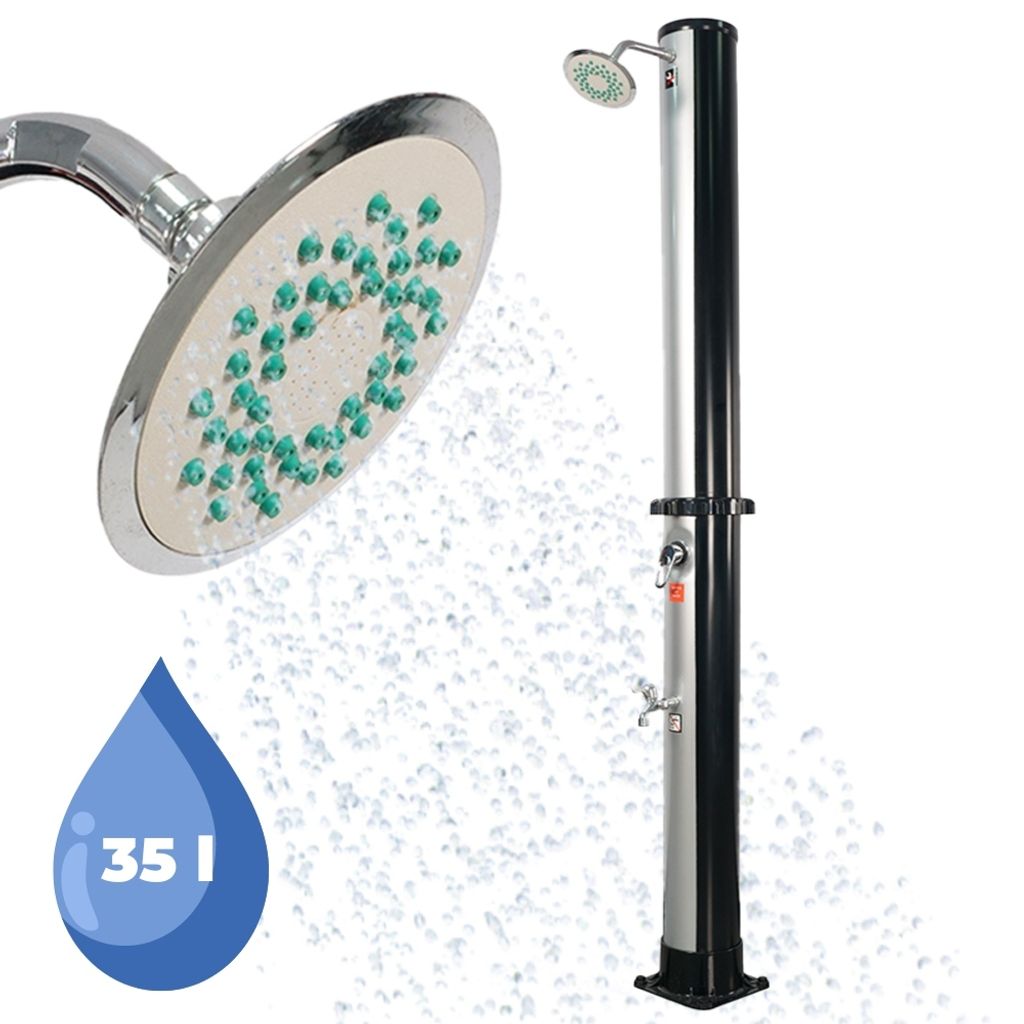 A solar shower and a close-up of its showerhead with water spraying, along with a water droplet icon indicating volume.