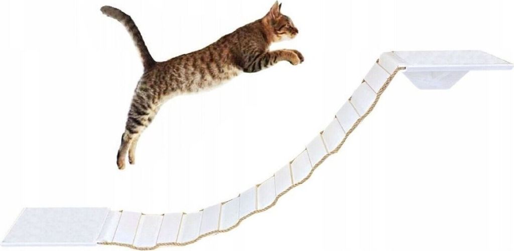 QLS Katzenbrücke mit 2 Katzenliegen Set 130 cm Wandbefestigung aus Holz Weiß 10955