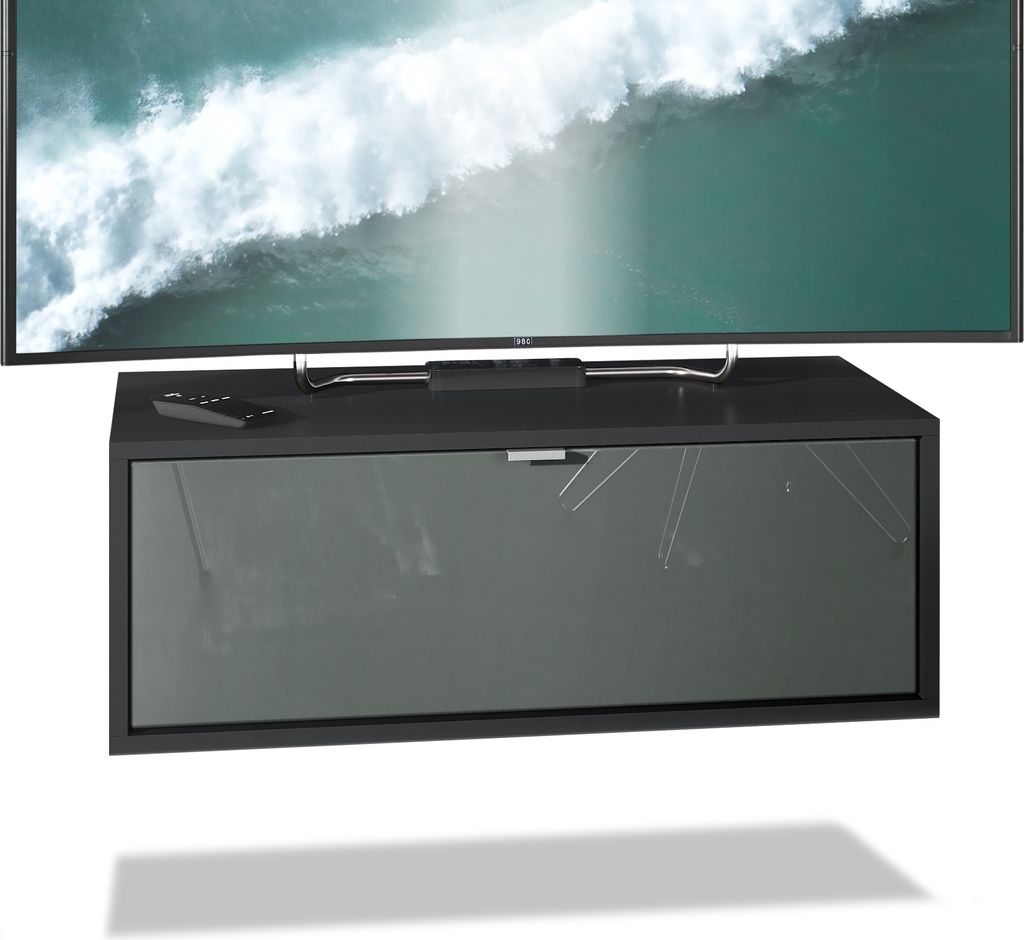 Vladon TV Board Lana 80 Hängeschrank Lowboard 80 x 29 x 37 cm, Germany, Korpus in Schwarz matt, Fronten in Grau Hochglanz | Große Farbauswahl