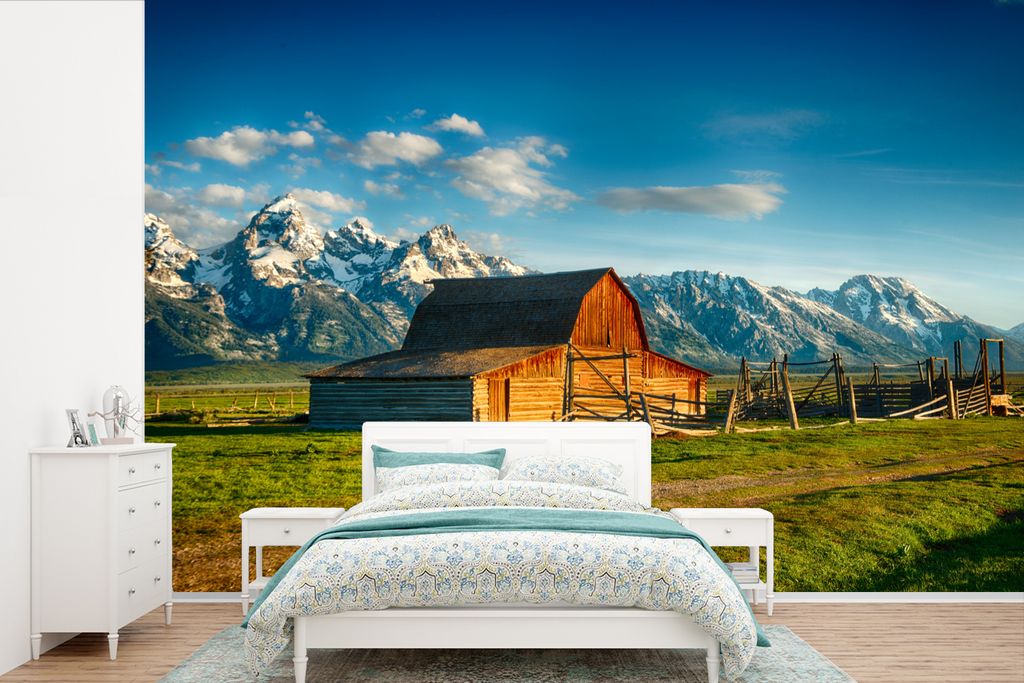 MuchoWow Fototapete für Wohnzimmer oder Schlafzimmer Wandtapete Vinyl Motivtapete Hütte in Wyoming - 360x240 cm - Vinyl-Tapete