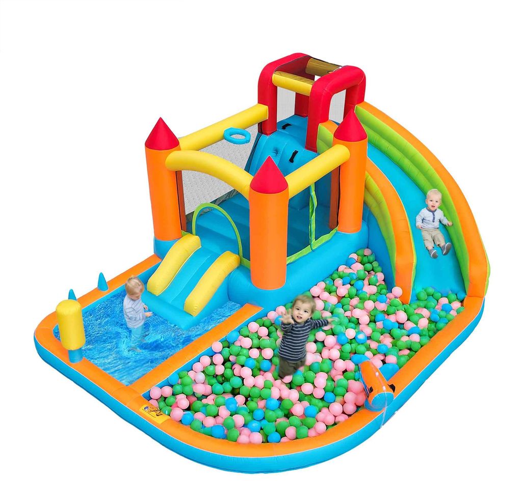Zimilo 5-in-1 Kinder Hüpfburg mit Gebläse, Wasserrutsche, Trampolin & Basketballkorb, Aufblasbarer Wasserpark mit 2 Pools, für drinnen und draußen