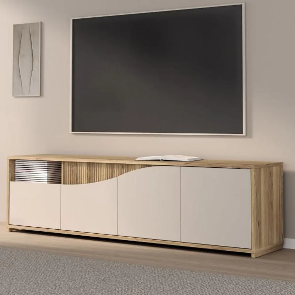 Grand Meuble TV PoeM Sable 204 cm - Solution de Rangement et Design Zen